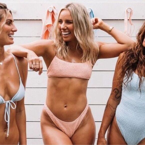 Sarah’s Day X White Fox Boutique Bikini Set Cheeky High Cut Ribbed Pink Tan M - Picture 1 of 9